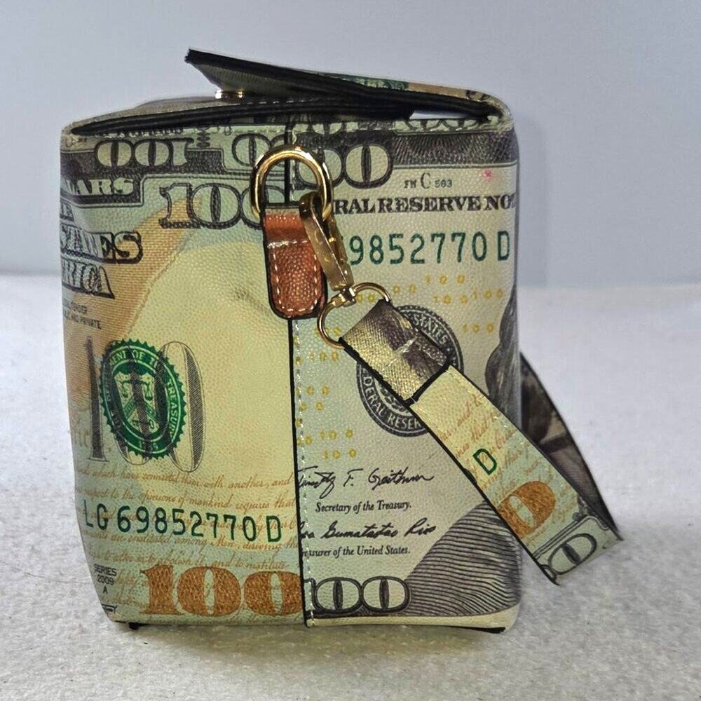 $100 Bill Money Print Box Purse Bag Novelty Cube Handbag Benjamin Fran - Picture 2 of 8
